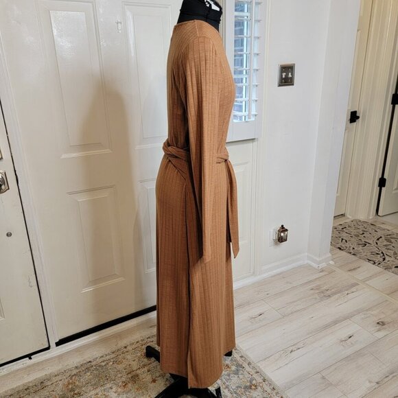 Topshop Tan Ribbed Long Sleeve Midi Dress with Waist Tie | Size 10 - Picture 3 of 12